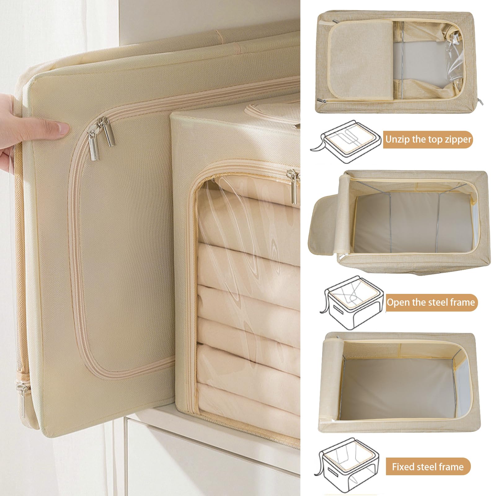 55L Clothes Storage Bag, Collapsible Storage Box, Stackable Metal FrameThick Oxford cloth Protect from Moisture Dust Handle Double Opening Zipper for