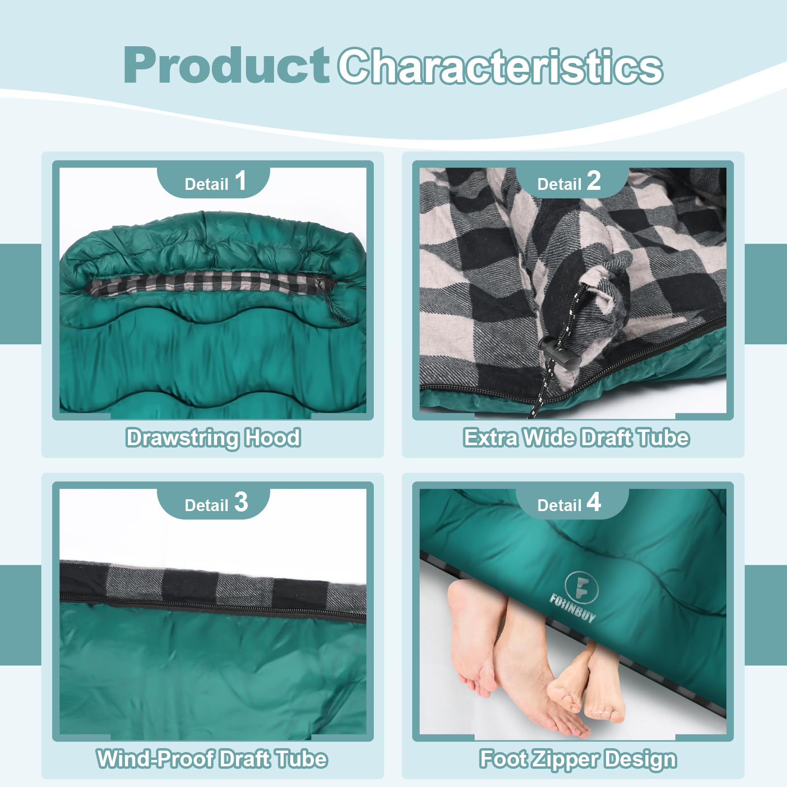 FORINBUY Winter Cotton Flannel Double Sleeping Bag for Adults - 0 degree Queen Size 2 Person Sleeping Bag, Waterproof & Warm for Cold Weather, Ideal for Couples, Family Camping & RV Travel