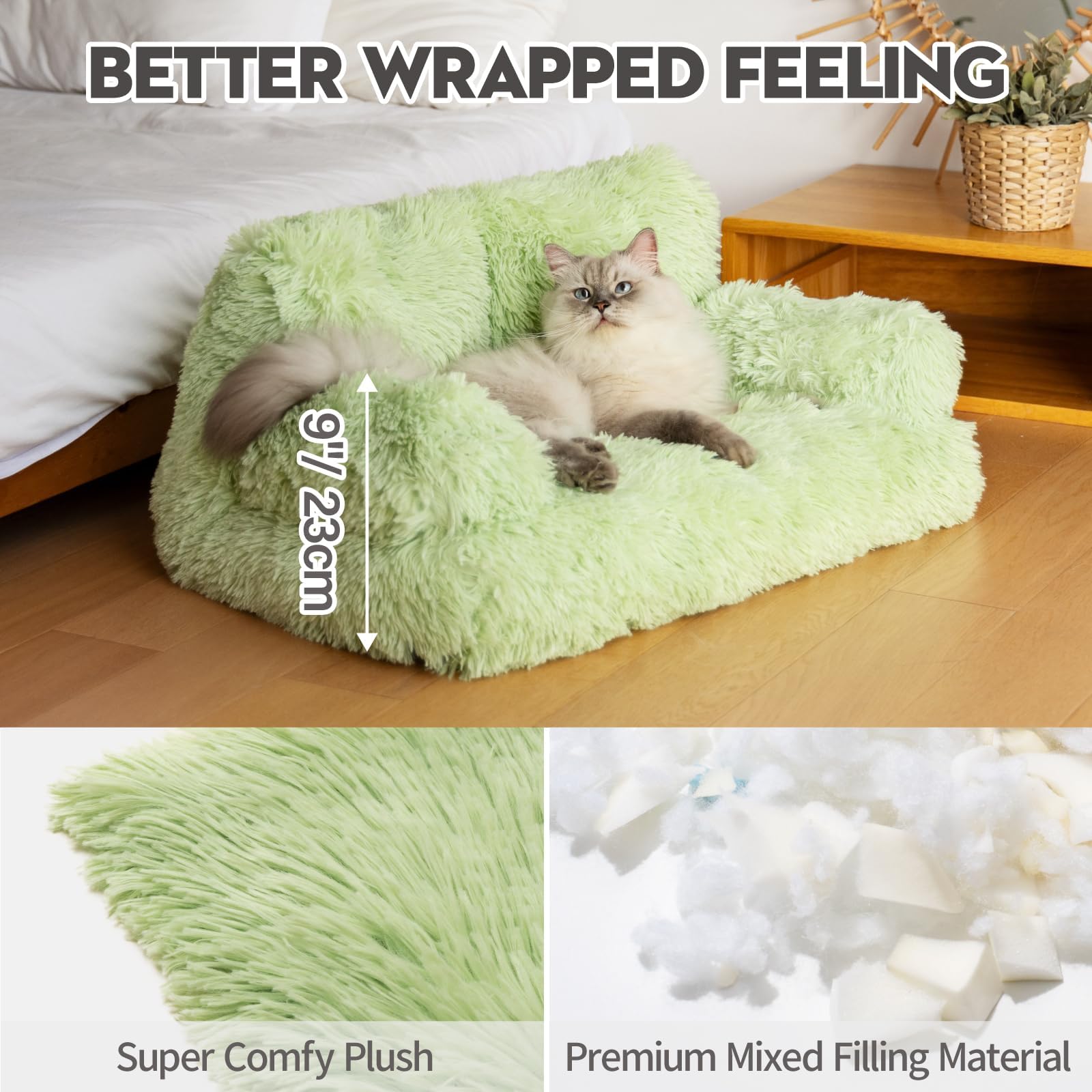 MEWOOFUN Stylish Cat Sofa - Large Plush Washable Couch for Indoor Cats & Small Dogs, Soft Calming Beds with Anti-Slip Bottom, Green