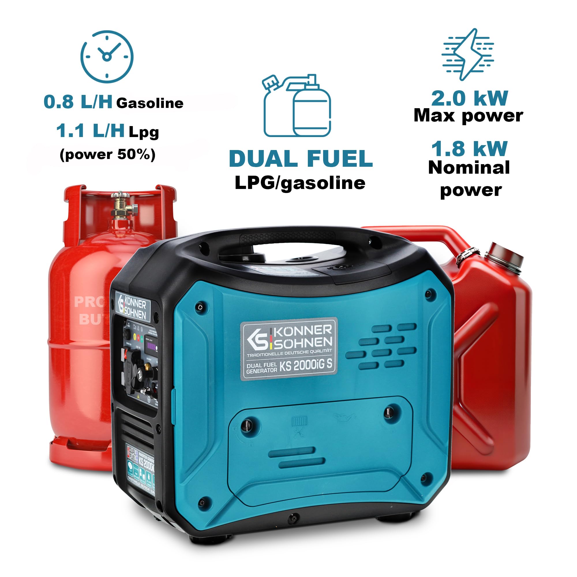 Könner & Söhnen KS 3100iG S portable LPG/petrol inverter generator 3100 W,UK Plug Socket 1x13 A (230 V), 2 USB ports,copper winding,silent inverter generator,dual fuel generator
