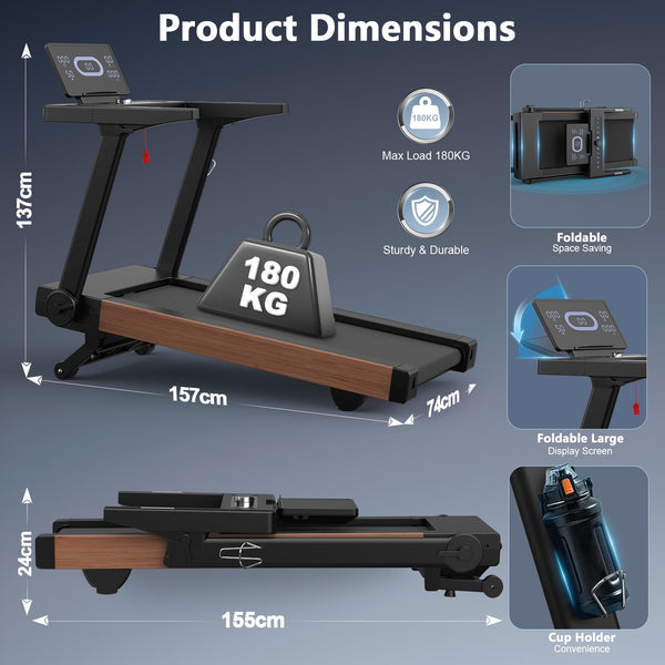 Treadmills for Home, Folding Treadmill with 20% Auto Incline, 20KM/H, 7HP, 180KG Capacity, Running Treadmill for Heavy People with LED Display, Speed Knob, Bluetooth Speakers