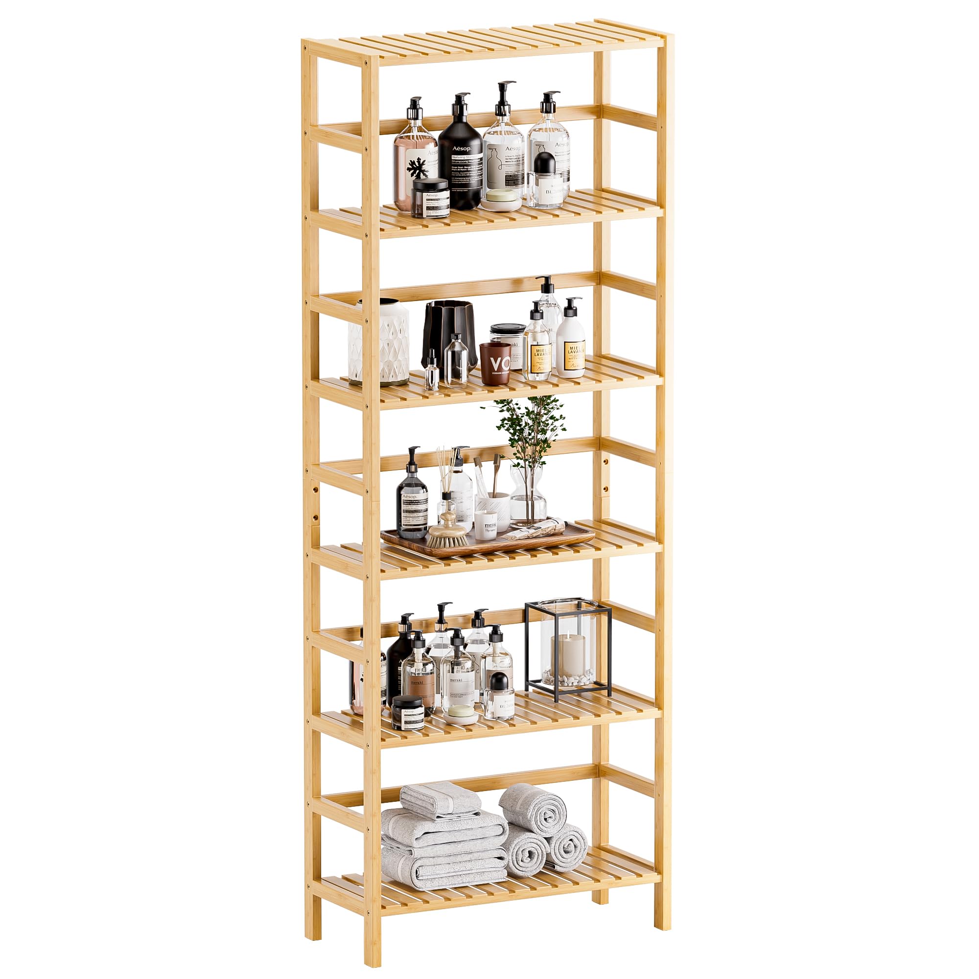 HITNET Bamboo Shelf, 6-Tier Adjustable Tall Open Bookcase, Bathroom Storage Rack Freestanding Shelving Unit, Plant Display Stand for Small Space,