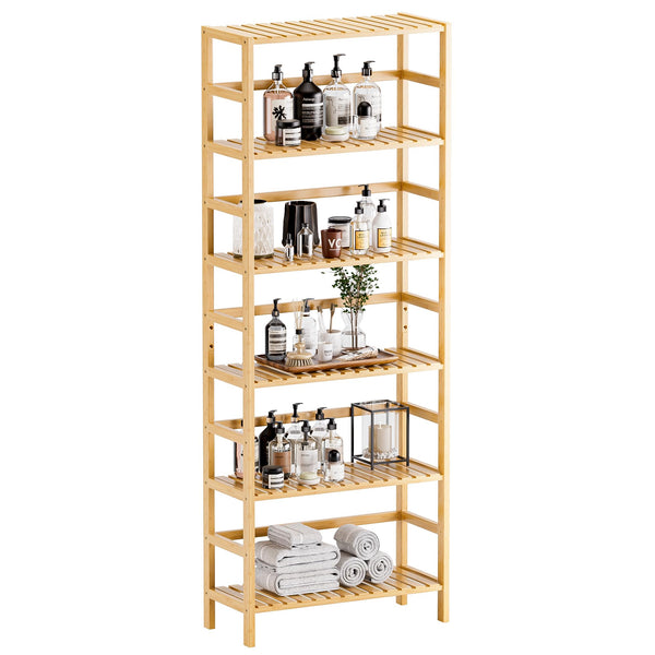 HITNET Bamboo Shelf, 6-Tier Adjustable Tall Open Bookcase, Bathroom Storage Rack Freestanding Shelving Unit, Plant Display Stand for Small Space,