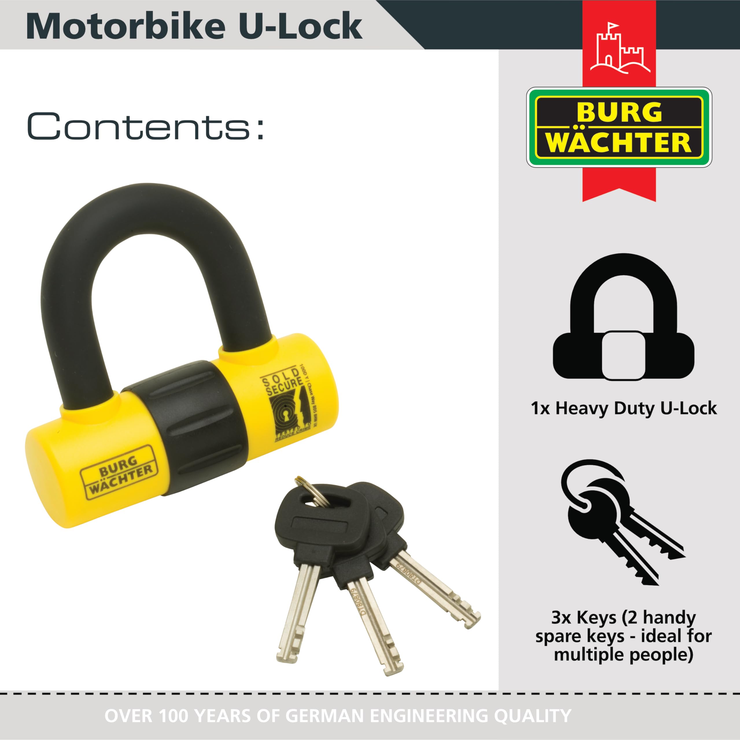 Burg-Wächter 100D Y Sold Secure Gold Motorbike, Single U Lock