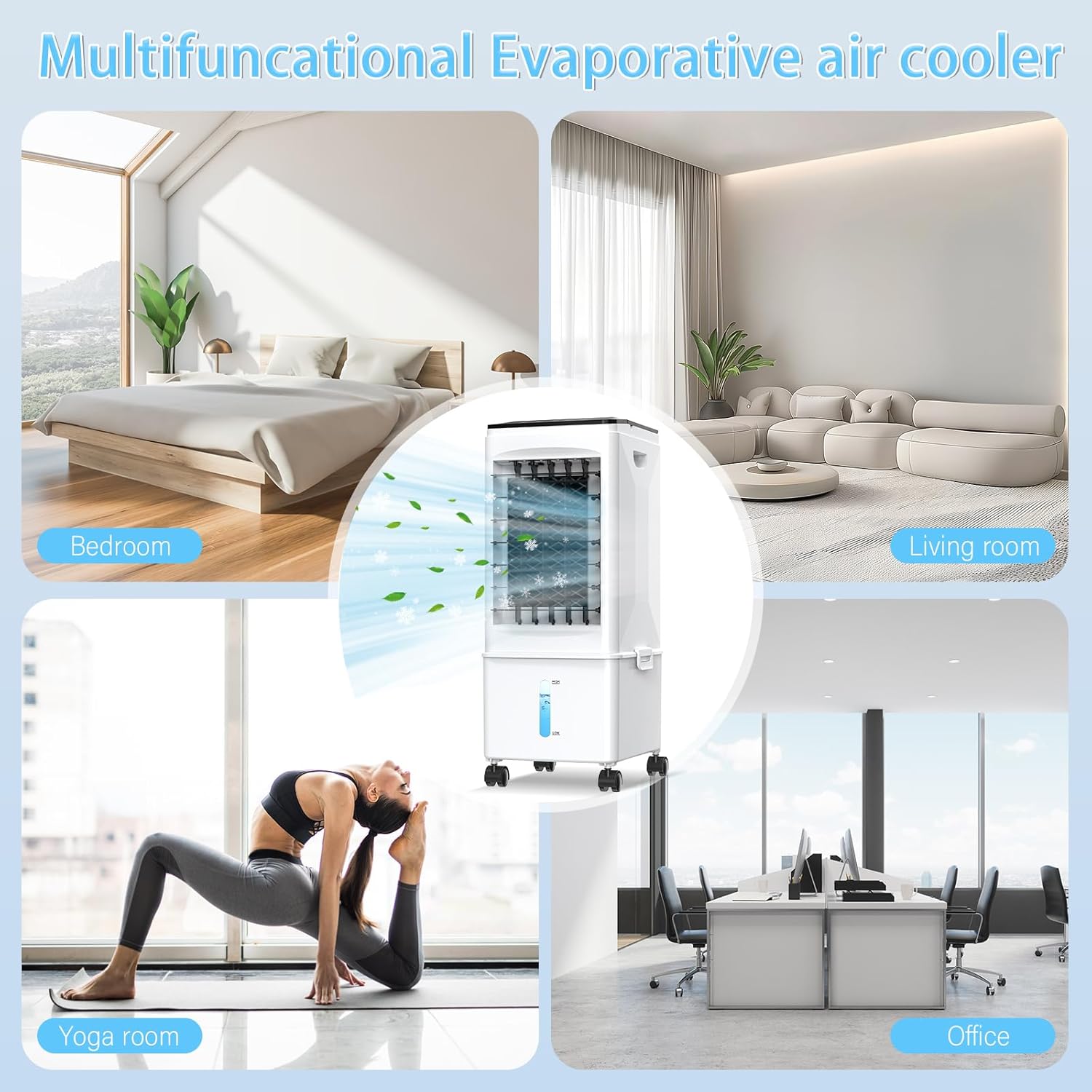 Bidiowe Mobile Air Conditioners, 9.5L AC Unit Tank 60W Evaporative Air Cooler Automatic Light Off 60°/120° Oscillation 3 Modes 7H Timer Remote Control 3 Ice Box Quiet Cooling Fan for Home, Office