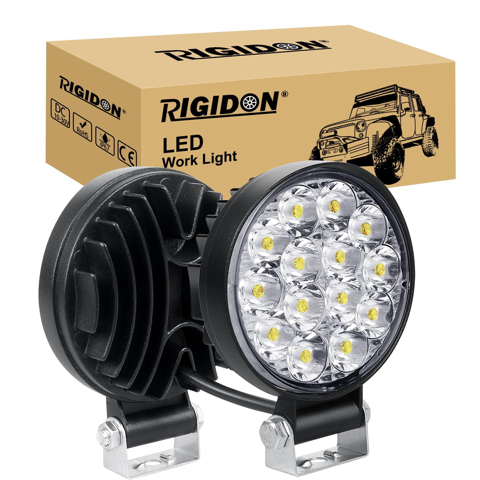 RIGIDON 4 Pcs Round Mini Ultr Thin Led Work Light, 3.2 inch 42W Spot Beam, 12V 24V Outdoor Driving Lights Lamp for Car Off road Boat Truck 4x4 SUV ATV Tractors Excavator, 6000K White, Fog Lamp