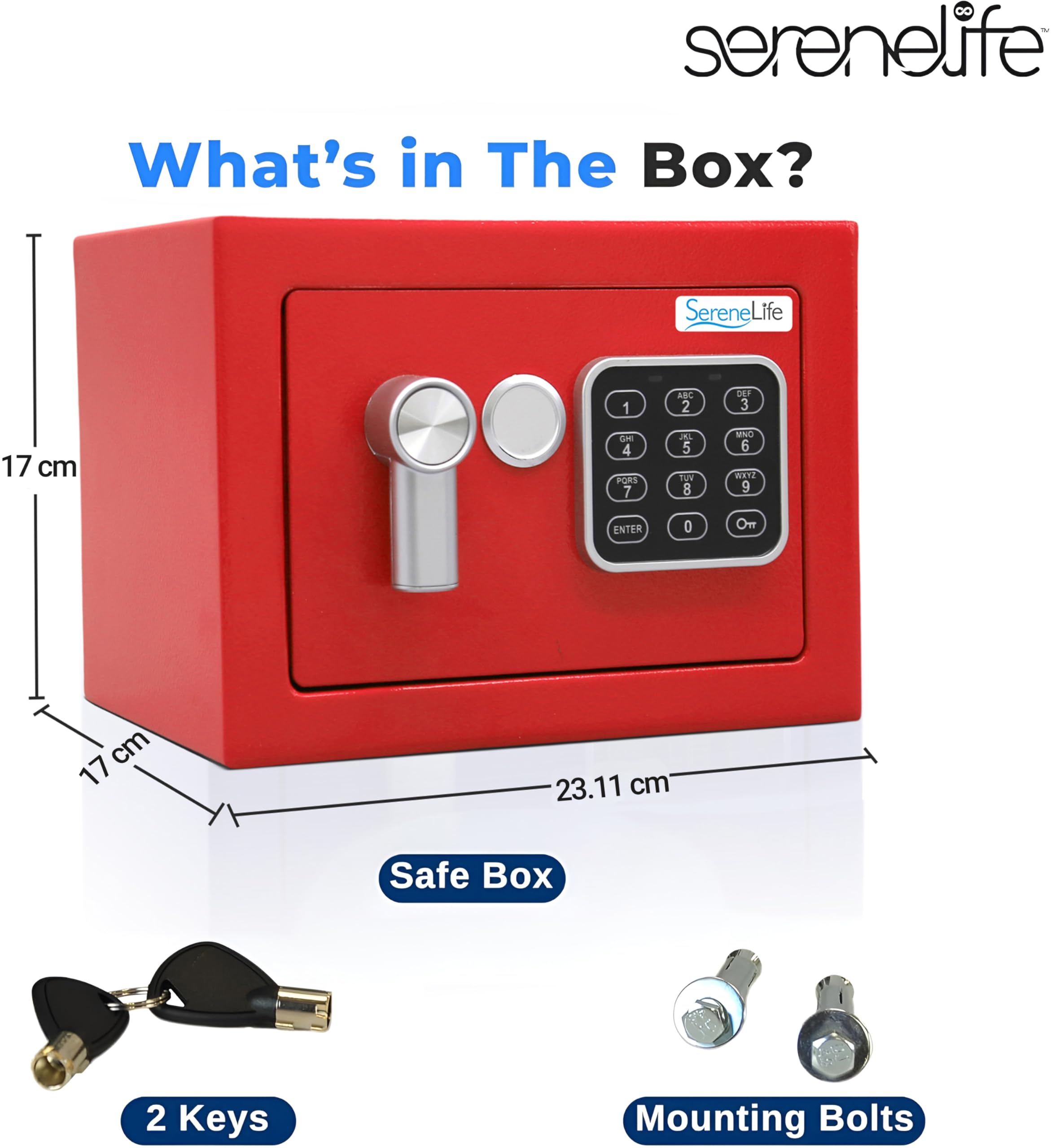 Pyle Home Safe Box Locker, Small Money Safe, Mini Fireproof Safes, Wall & Floor Steel Vault, Electronic Digital Keypad, 2 Keys, 23.1 × 17 × 17cm, Secure for Cash, Guns, Jewelry & More - Red