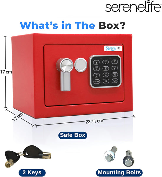 Pyle Home Safe Box Locker, Small Money Safe, Mini Fireproof Safes, Wall & Floor Steel Vault, Electronic Digital Keypad, 2 Keys, 23.1 × 17 × 17cm, Secure for Cash, Guns, Jewelry & More - Red
