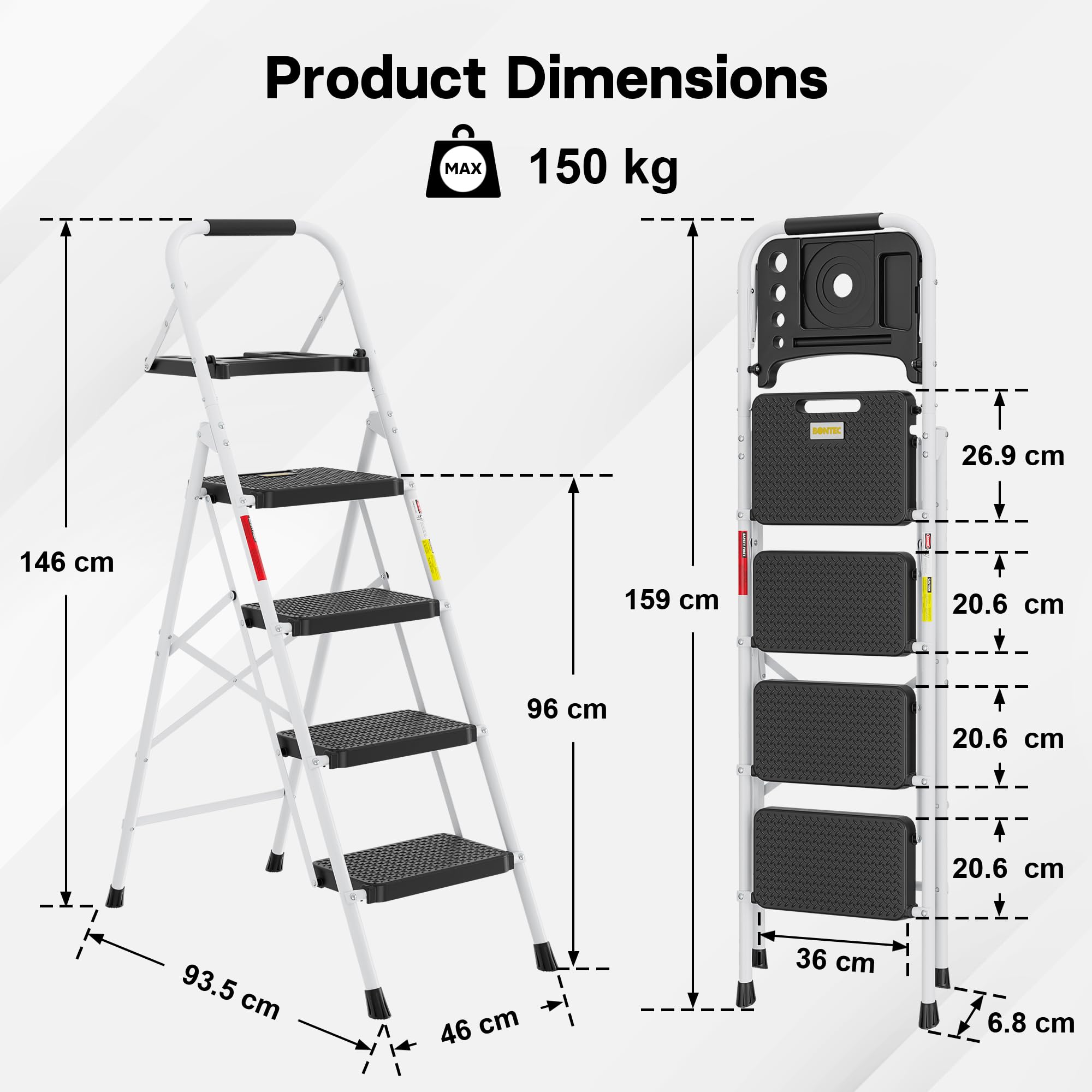 BONTEC 4 Step Ladder Folding, Heavy Duty Foldable Step Stool with Wide Anti-Slip Pedals, Sponge Handrail and Tool Tray, Portable Household Ladder 150kg Capacity, Compact Collapsible Indoor Ladder