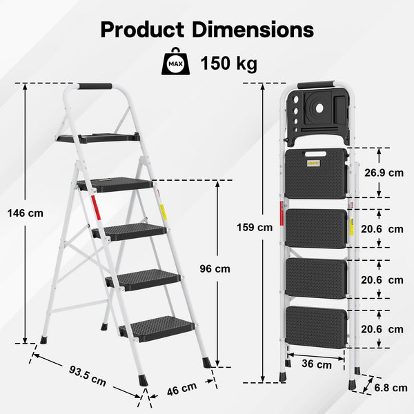 BONTEC 2 Step Ladder, Capacity 150KG with Wide Anti-Slip Pedals, Folding Steel Step Stool, Sponge Handlebar, Lightweight Portable Ladder Suitable for Home, Kitchen, Pantry, Indoor/Outdoor Use, Black