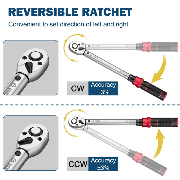 VANPO Torque Wrench 3/8” Drive, 5-60 NM, ±3% Accuracy, 72 Tooth Click Torque Wrench Set with 3/8 to 1/4 Adapter, 125 mm Extension Bar for Bike and Motorcycle, Car Spark