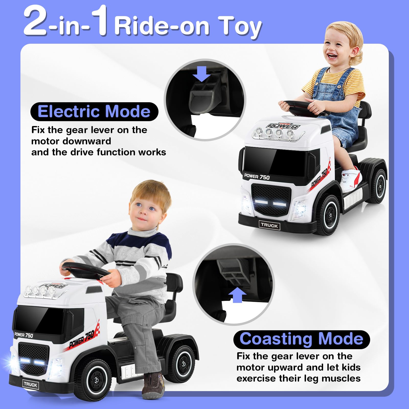 GYMAX Kids Ride on Car, 6V Battery Powered Toy Car with Height Adjustable Seat, Music, Lights, Horn Sound, Forward & Backward, Children Electric Truck for Boys Girls (White)