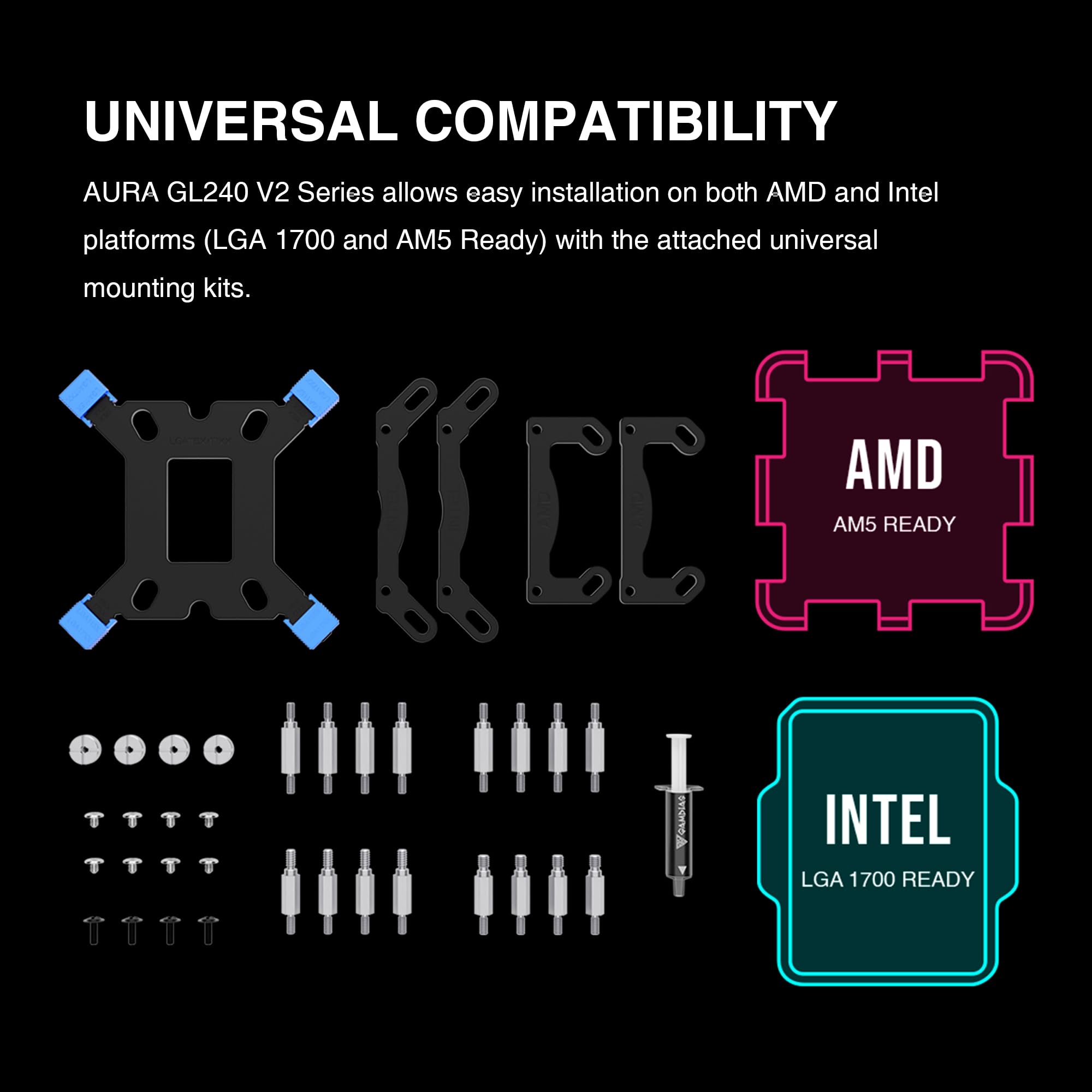 GAMDIAS AURA GL240 V2 AIO, 240mm CPU Liquid Cooler, Easy Cable Routing Design, Rotatable Performance Pump, 2 x 120mm Low-Noise PWM ARGB Fan w/ MB Sync, AMD AM5/AM4；Intel LGA 1851/1700/115x/1200, White