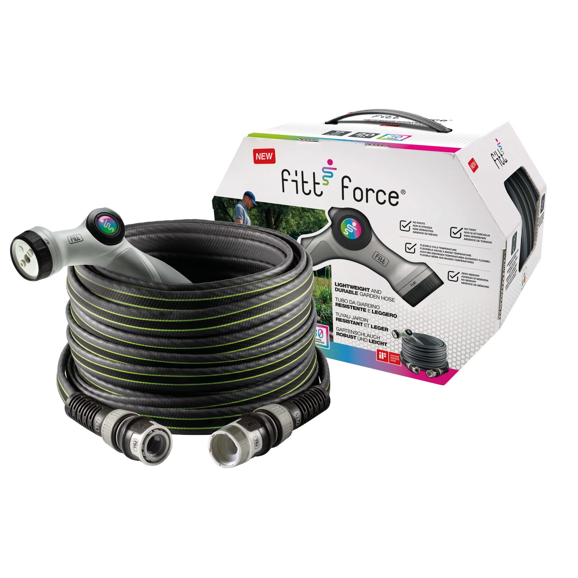 FITT Force 5/8" 30m, Garden Water Hose for Irrigation, Compact, Light and Resistant for Intensive use, with Multi-Jet Gun, Grey with Green Stripes
