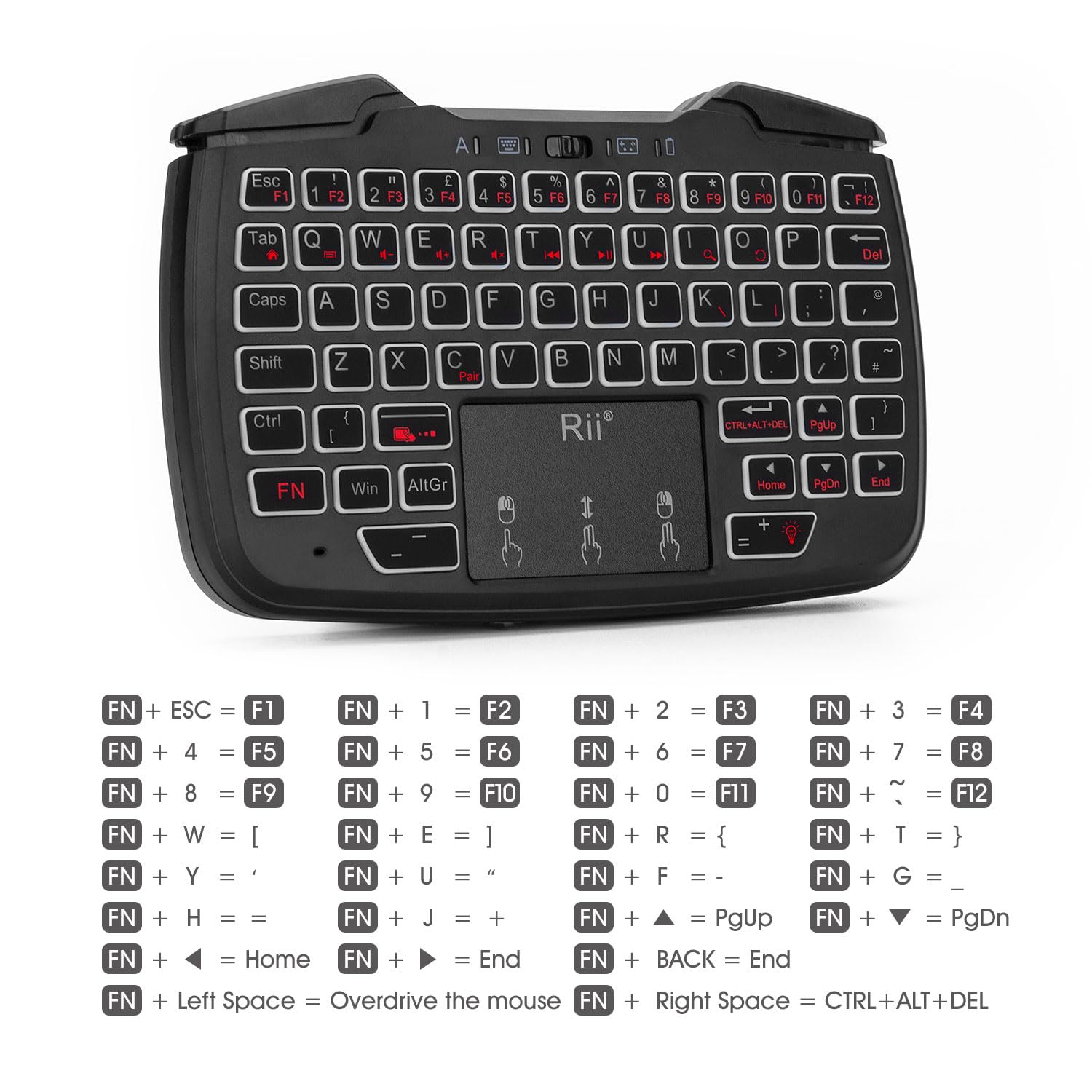 Rii RK707 Mini Keyboard and Mouse Combo with Trackpad, Media Keyboard Mouse with Game Controller, 62-Key Rechargeable Backlit Turbo Vibration for PC/Raspberry pi2/Android TV Google/TV