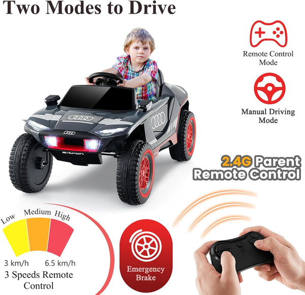 Kids Electric Car, 12V Battery Powered Toy Car with Remote Control, Music, Horn, Head lights, USB/FM, 4 Suspension Springs, Children Ride on E-tron Racing Car for 3+ Years Old