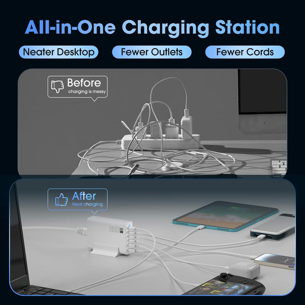 200W 6-Port USB Charging Station, PD 100W 65W 45W 20W 18W USB C GaN III Charger Laptop & Phone Fast Charger Plug, Compatible with MacBook Pro/Air,Dell XPS, iPhone 15/16/14/ Pro, iPads, Steam Deck