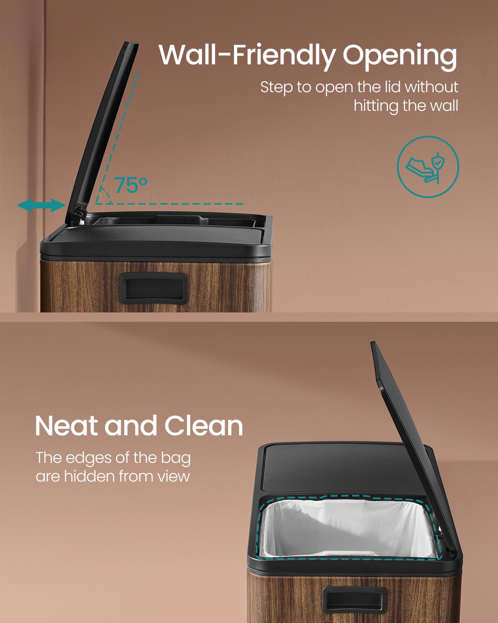 SONGMICS Dual Rubbish Bin, 2 x 30 L Recycling Bin with 15 Rubbish Bags, 2-Compartment Metal Pedal Bin with Lids and Plastic Inner Buckets, Soft Closure, Slate Grey LTB060G01