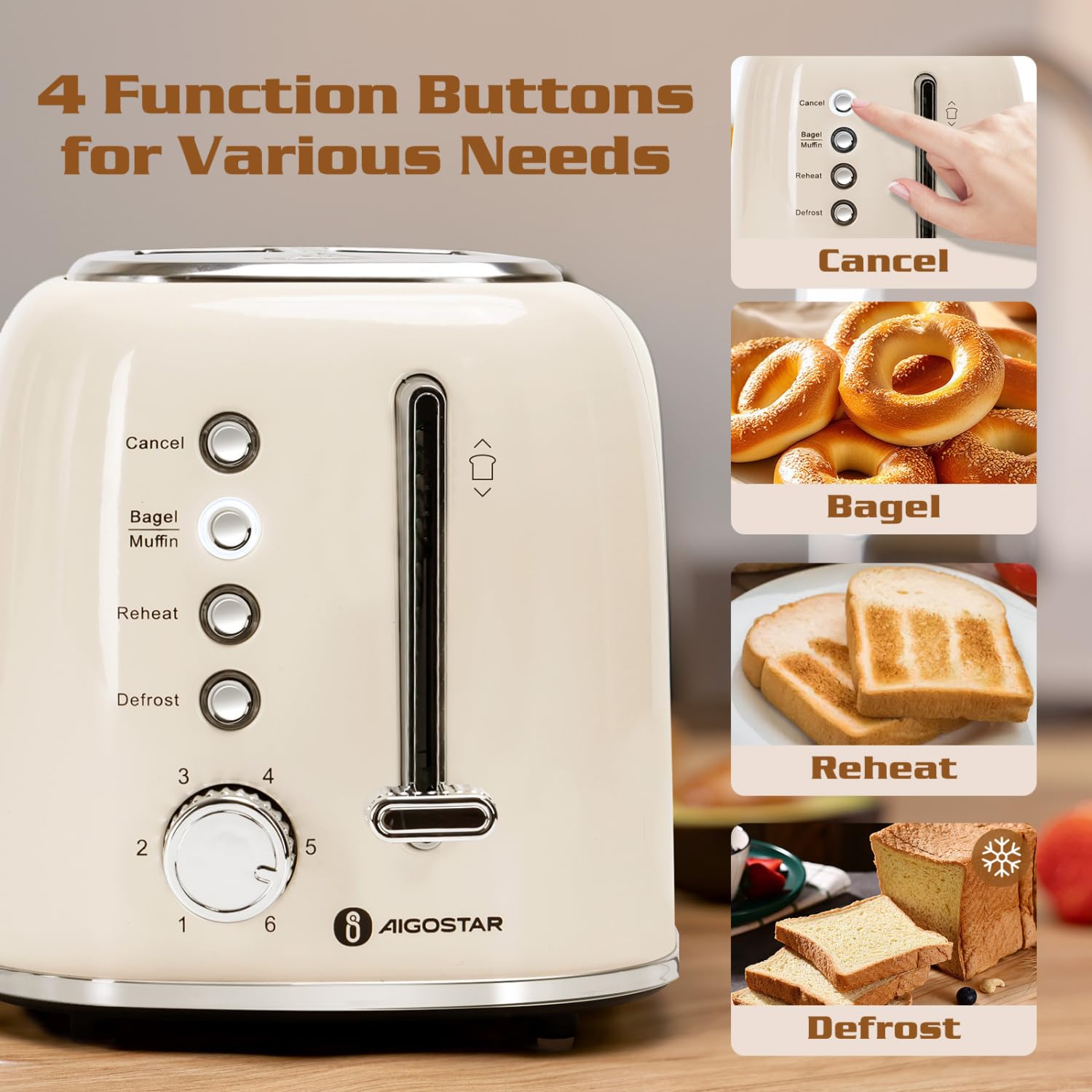 Aigostar Toaster 2 Slice, Retro Wide Slot Stainless Steel Toaster 800W for Toasting Bagels Breads, Defrost Reheat Cancel Functions, 6 Browning