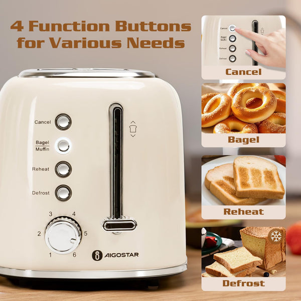 Aigostar Toaster 2 Slice, Retro Wide Slot Stainless Steel Toaster 800W for Toasting Bagels Breads, Defrost Reheat Cancel Functions, 6 Browning