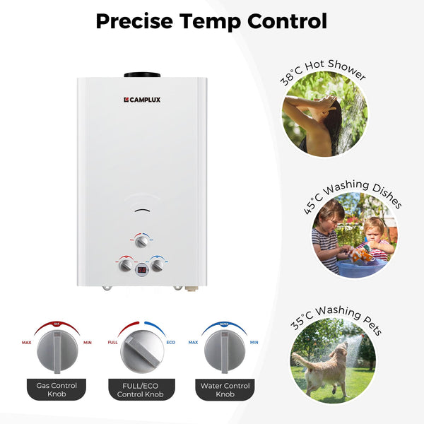 CAMPLUX Gas Water Heater 20 litres, Instant LPG Water Heater for Garden Shower, RV, Tiny House, ECO/Full Mode, BW Series BW528B