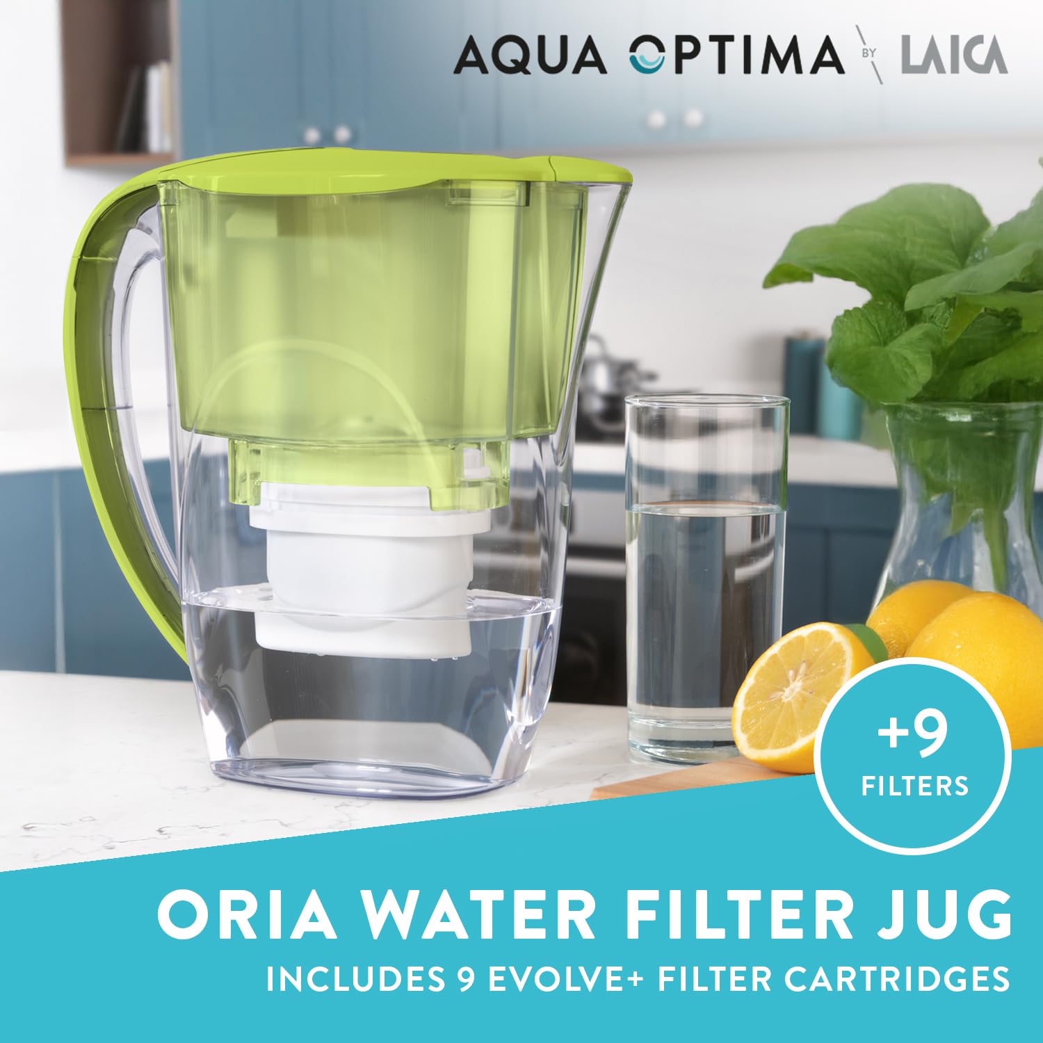 Aqua Optima Oria Water Filter Jug & 9 Evolve+ Filter Cartridges, 2.8L, Green - Fridge & Dishwasher Friendly - Reduces Limescale, Chlorine and Other