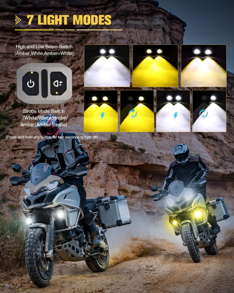 CO LIGHT Motorcycle LED Fog Light 60W 20000LM Auxiliary Lights 7 Modes Amber White Light Combo with Waterproof Wire Harness Kit for Motorcycle GS Pan America Adventure