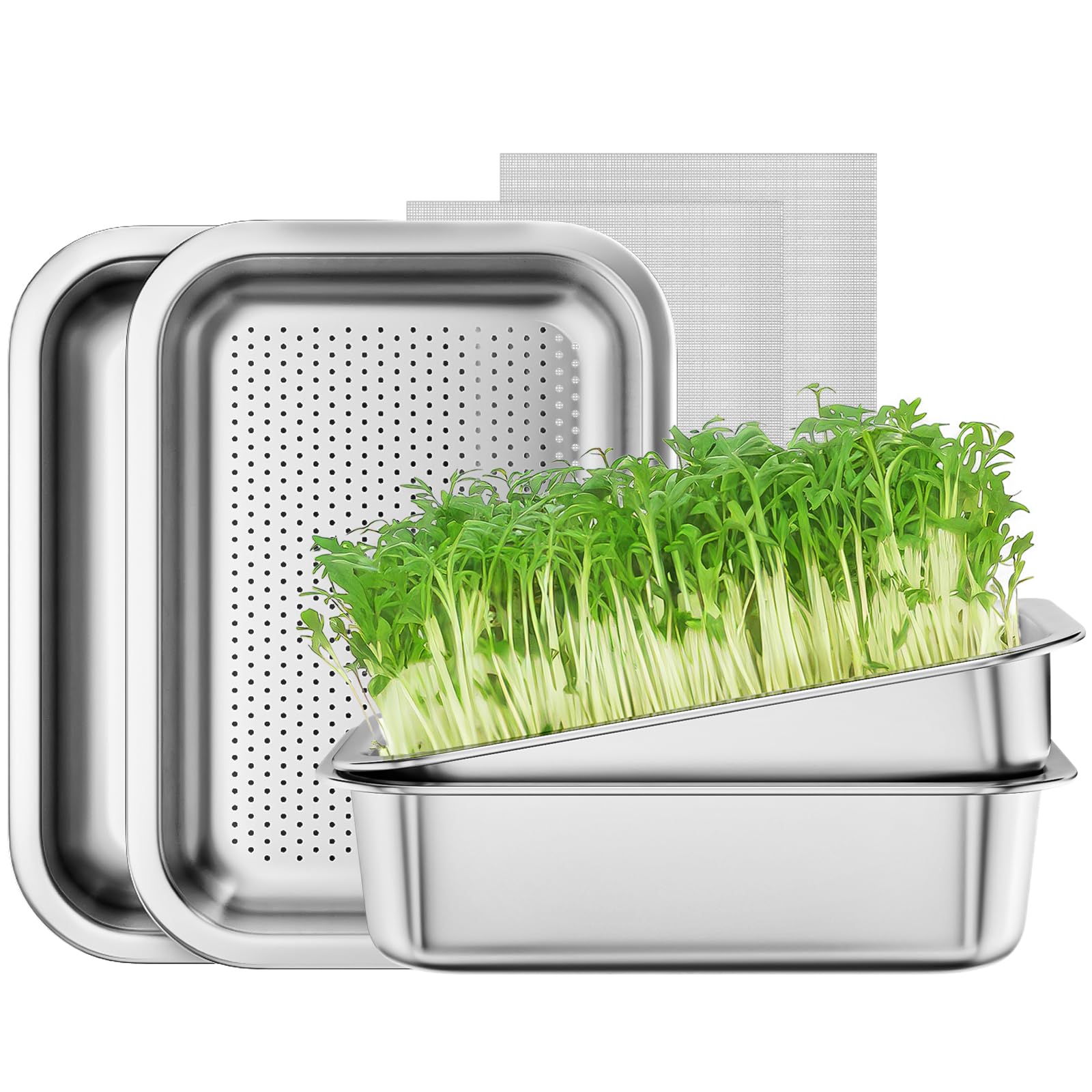 FANHAO 2-Pack Sprouting Tray Kit, Stainless Steel Soil-Free Cultivation Germination Tray, Healthy Wheatgrass Grower Sprouting Container Kit Nursery
