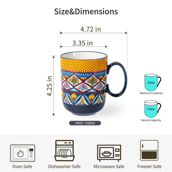 HENXFEN LEAD Porcelain Coffee Mugs, 410ml Coffee Mug Set with Handle, Porcelain Cups for Tea Coffee Milk Cappuccino, Colourful, 6 Pack - Bohemian