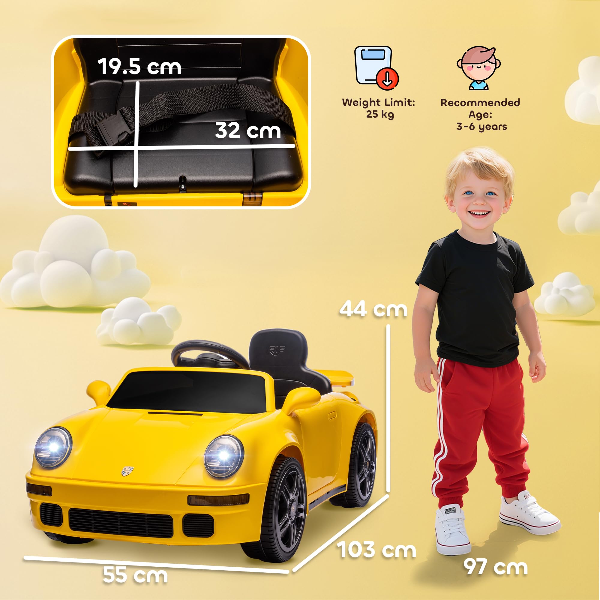 AIYAPLAY Licensed RUF CTR 2017-Yellowbird Electric Car for Kids, Ride On Car 12V Battery Powered Kids Electric Vehicle with Remote Control, Soft Start, MP3 Player, LED Lights, Horn, Yellow