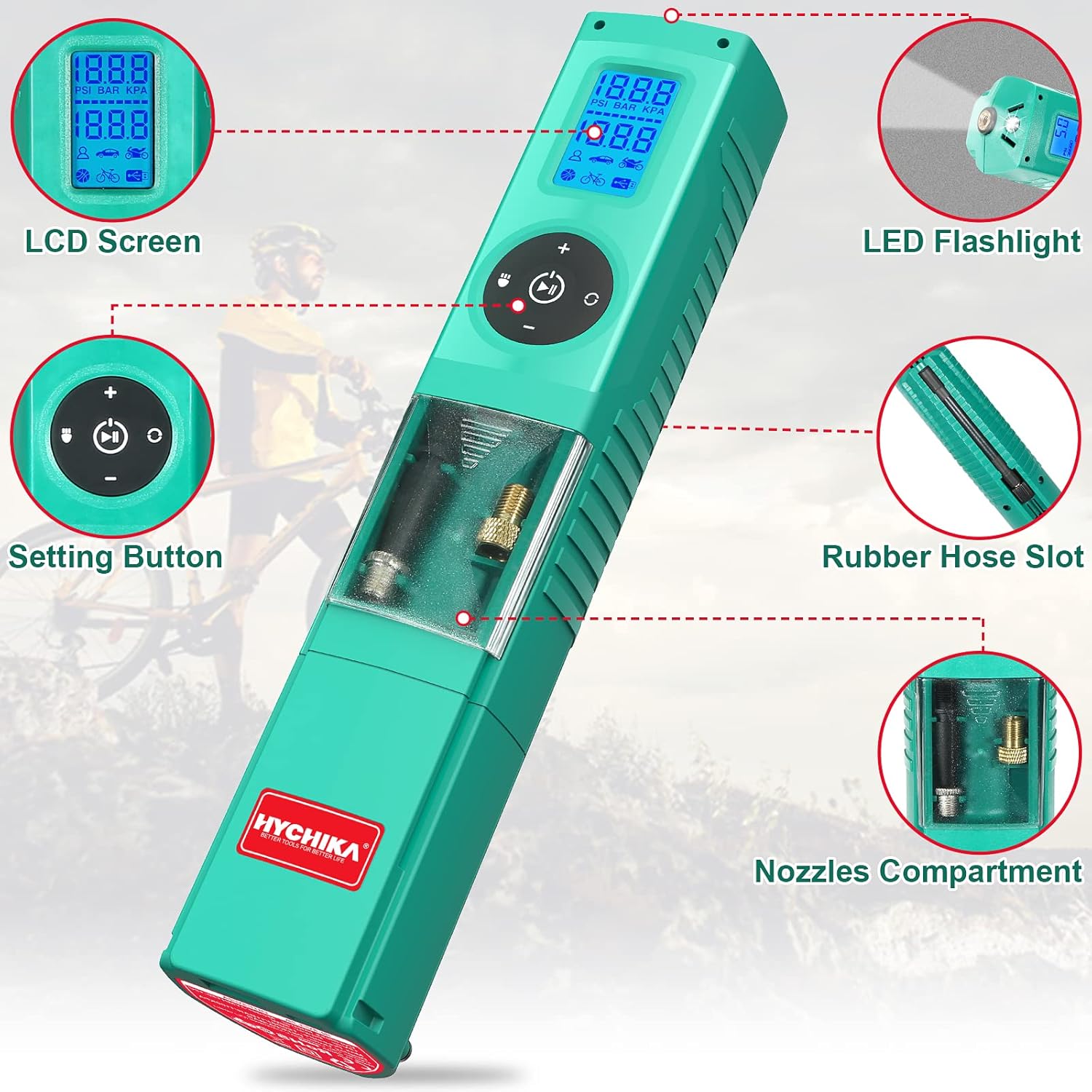 HYCHIKA Tyre Inflator, 12V Cordless Bike Pump, 160PSI Portable Air Compressor, USB Port Charge, 5 Inflating Modes, LED Light, 3 Model Display Units for Car, Bike