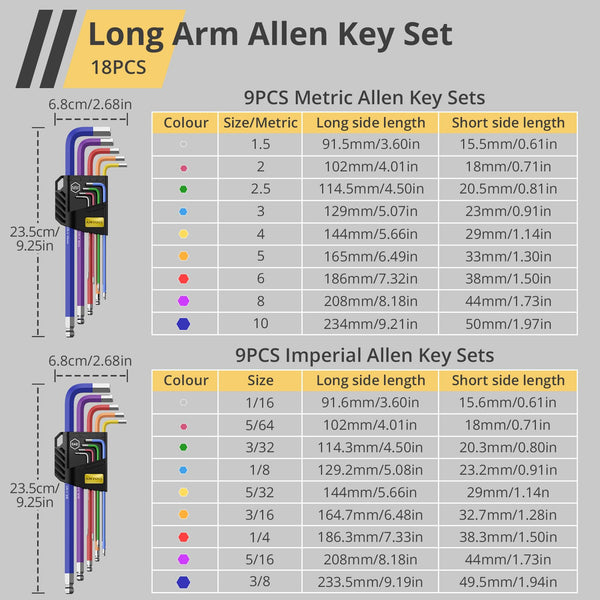 AMTOVL Hex Key Set, Allen Wrench Set, 18PCS Metric and SAE Allen Key Set Extra Long with Ball End T-Handle CRV & S2 Steel 1.5mm-10mm, 1/16-3/8