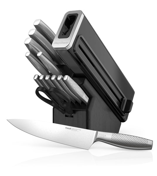 Ninja Foodi StaySharp Knife Block with Integrated Sharpener, 5-Piece Knife Set includes Chef, Bread, Slicing, Utility, Paring Knives, Stainless Steel K32005UK, Black