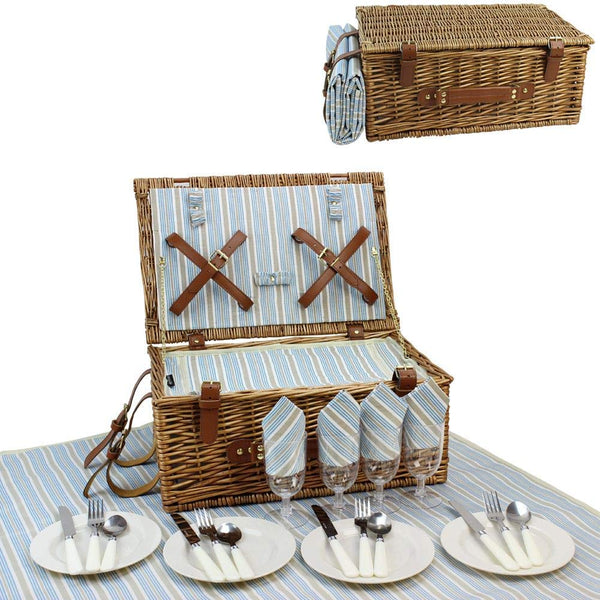 HappyPicnic Wicker Picnic Basket Set for 4 Persons - Large Willow Hamper with Large Insulated Cooler Compartment, Free Waterproof Blanket and Cutlery