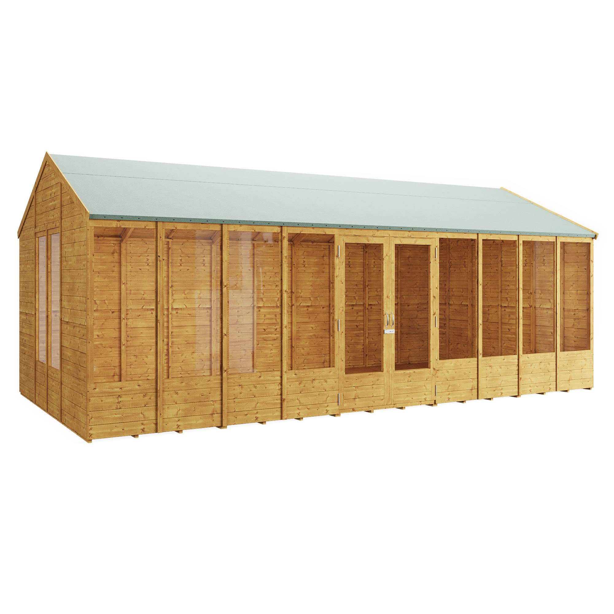 BillyOh Petra 12x10 Reverse Apex Summer House Shed, Log Cabin | Wooden Garden Room with Wide Double Doors, Tear Resistant Felt, Tongue and Groove Construction | Versatile Tiny Home or Garden Office