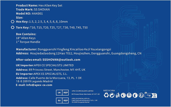 ss shovan 18PCS Allen Key Set, Metric Ball End Hex Key Set and Torx/Star Key Set (with T-Handle), Sizes 1.5mm-10mm & T10-T50, Alan Keys Sets for Furniture Assembly, Household DIY, Bike Repair