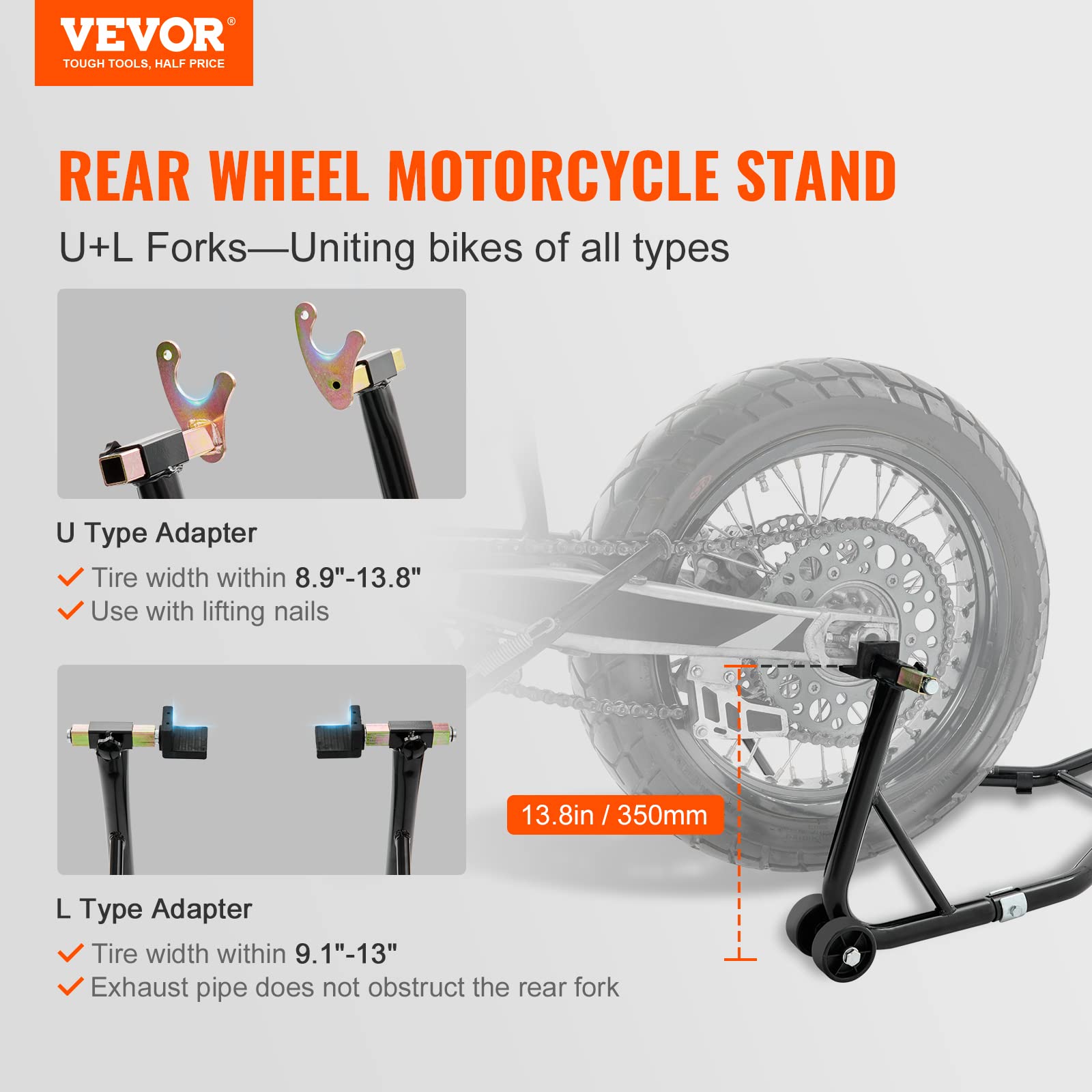 VEVOR Motorcycle Rear Wheel Stand, with U + L Fork Swingarm Spool, 390 kg Capacity Heavy Duty Rear Wheel Stand Motorcycle Lift Jack Stand, for Suzuki Yamaha Honda Kawasaki, Black