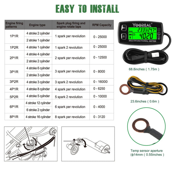 Yooreal Engine Temperature Gauge,TEMP Meter,User Shutdown Tachometer for Scooter Snowmobile Mini Bike Motorcycle Lawn Mower Generator Dump Truck