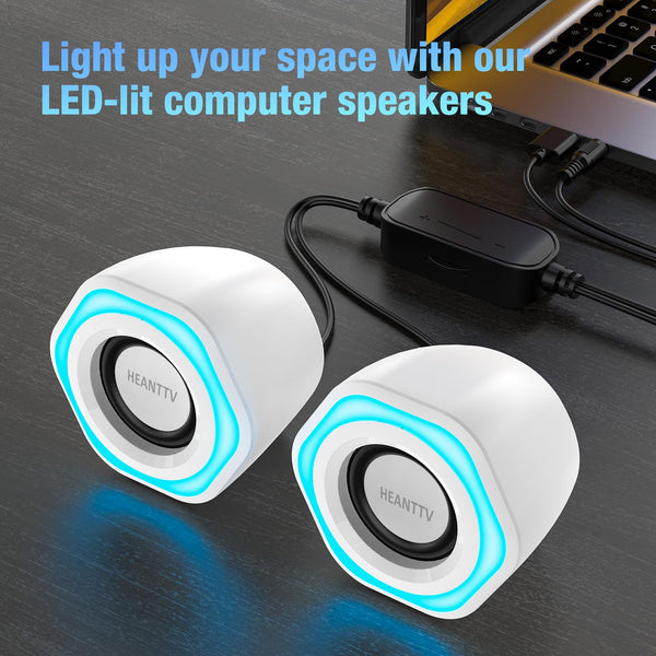 HEANTTV Computer Speaker, PC Speakers for Desktop Monitors, 2.0 Stereo Volume Control with LED Light, USB Powered & 3.5 mm jack, Perfect Multimedia Speakers for Monitors, Computer, Laptop,Smartphones