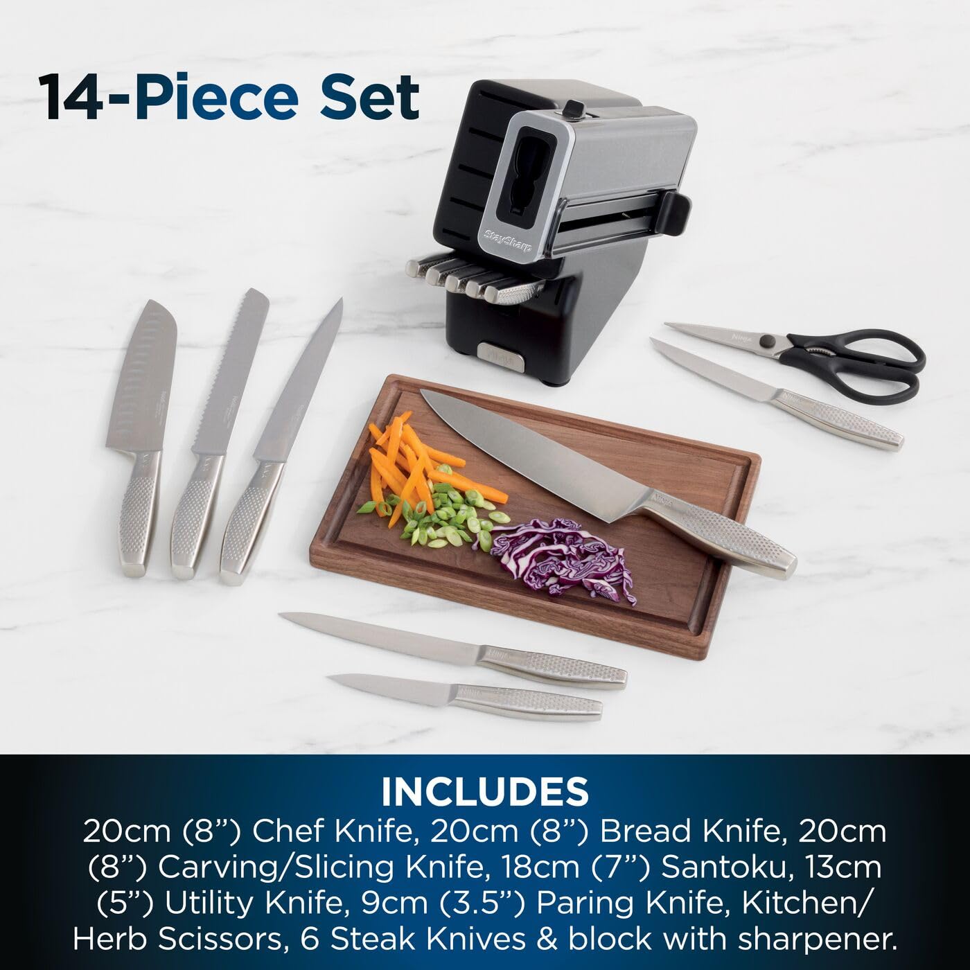 Ninja Foodi StaySharp Knife Block with Integrated Sharpener, 5-Piece Knife Set includes Chef, Bread, Slicing, Utility, Paring Knives, Stainless Steel K32005UK, Black