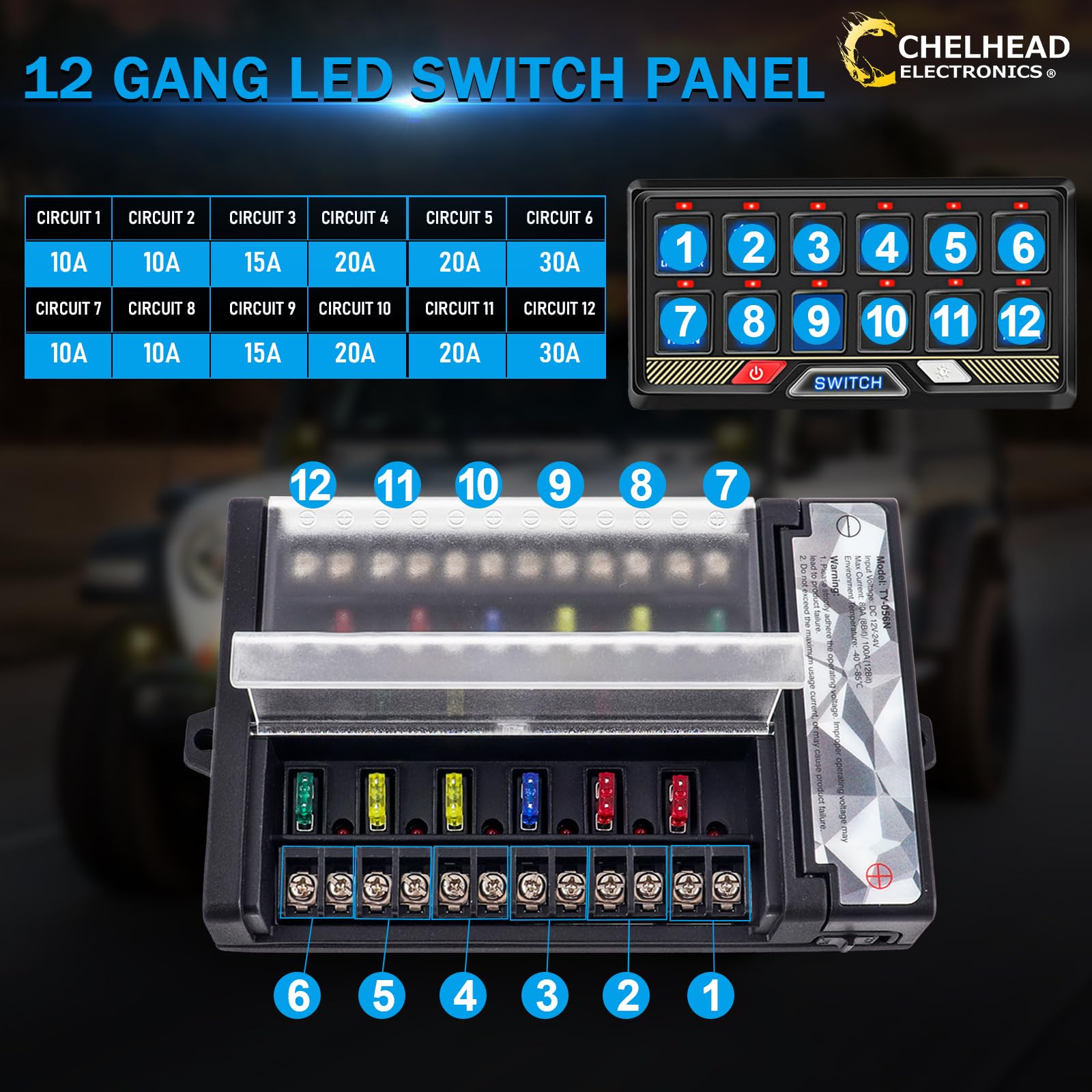 Chelhead 12V/24V Switch Control Panel RGB 6 Gang Dimmable Multi-Function Programmable Switch Panel Acc Battery Control Waterproof, Compatible with Truck Boat SUV RV Trailer Marine ATV UTV
