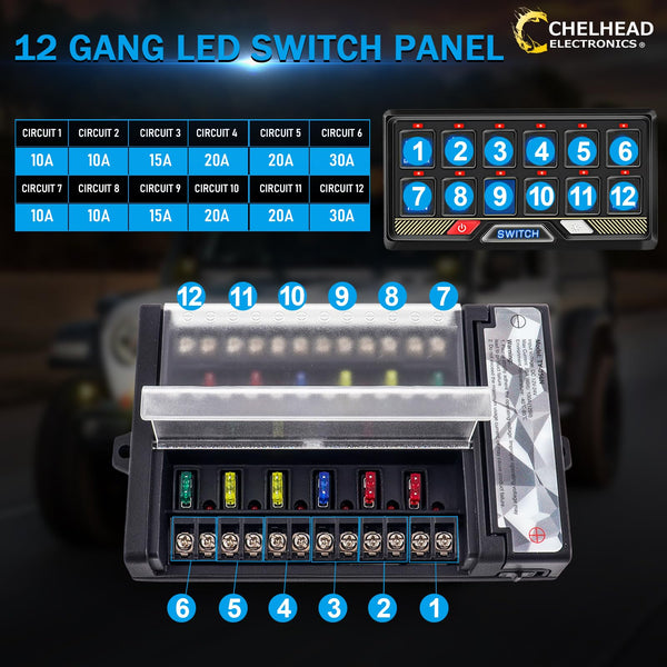 Chelhead 12V/24V Switch Control Panel RGB 6 Gang Dimmable Multi-Function Programmable Switch Panel Acc Battery Control Waterproof, Compatible with Truck Boat SUV RV Trailer Marine ATV UTV