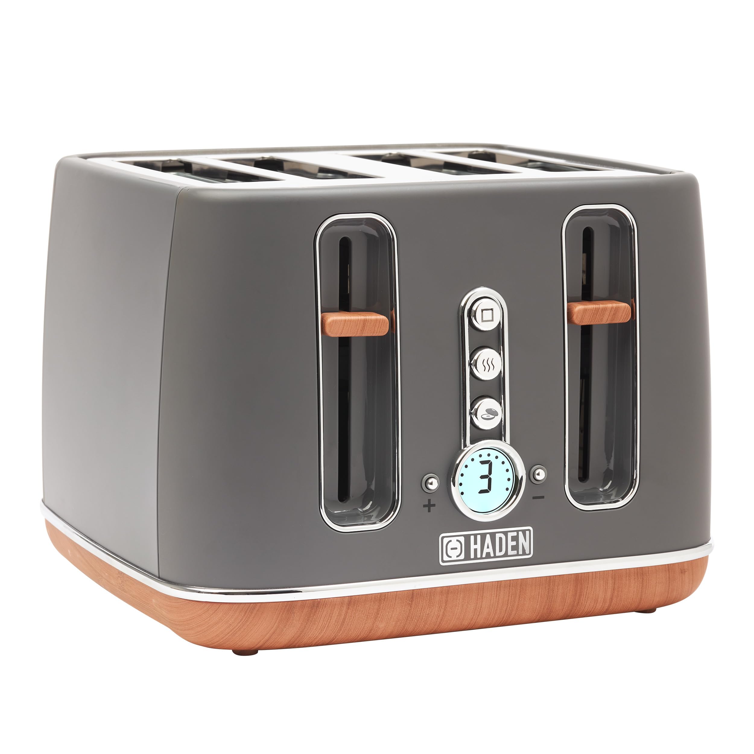 Haden Dorchester Grey Toaster 4 Slice - Variable Browning Levels - Digital Controls & Wide Slots 4 Slice Toaster - Cancel/Defrost/Reheat Settings -
