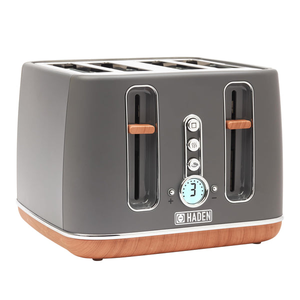 Haden Dorchester Grey Toaster 4 Slice - Variable Browning Levels - Digital Controls & Wide Slots 4 Slice Toaster - Cancel/Defrost/Reheat Settings -