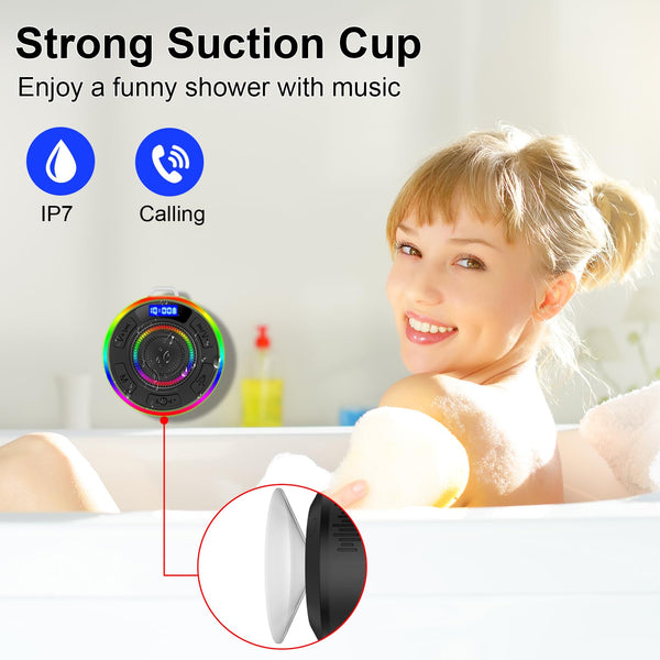 Bluetooth Shower Speaker with IPX7 Waterproof, Bluetooth Speaker with HD Stereo Sound, Built-in Mic Portable Wireless Speaker with Dynamic Lights 10H Playtime, for Outdoor Kitchen Gifts Golf, Black