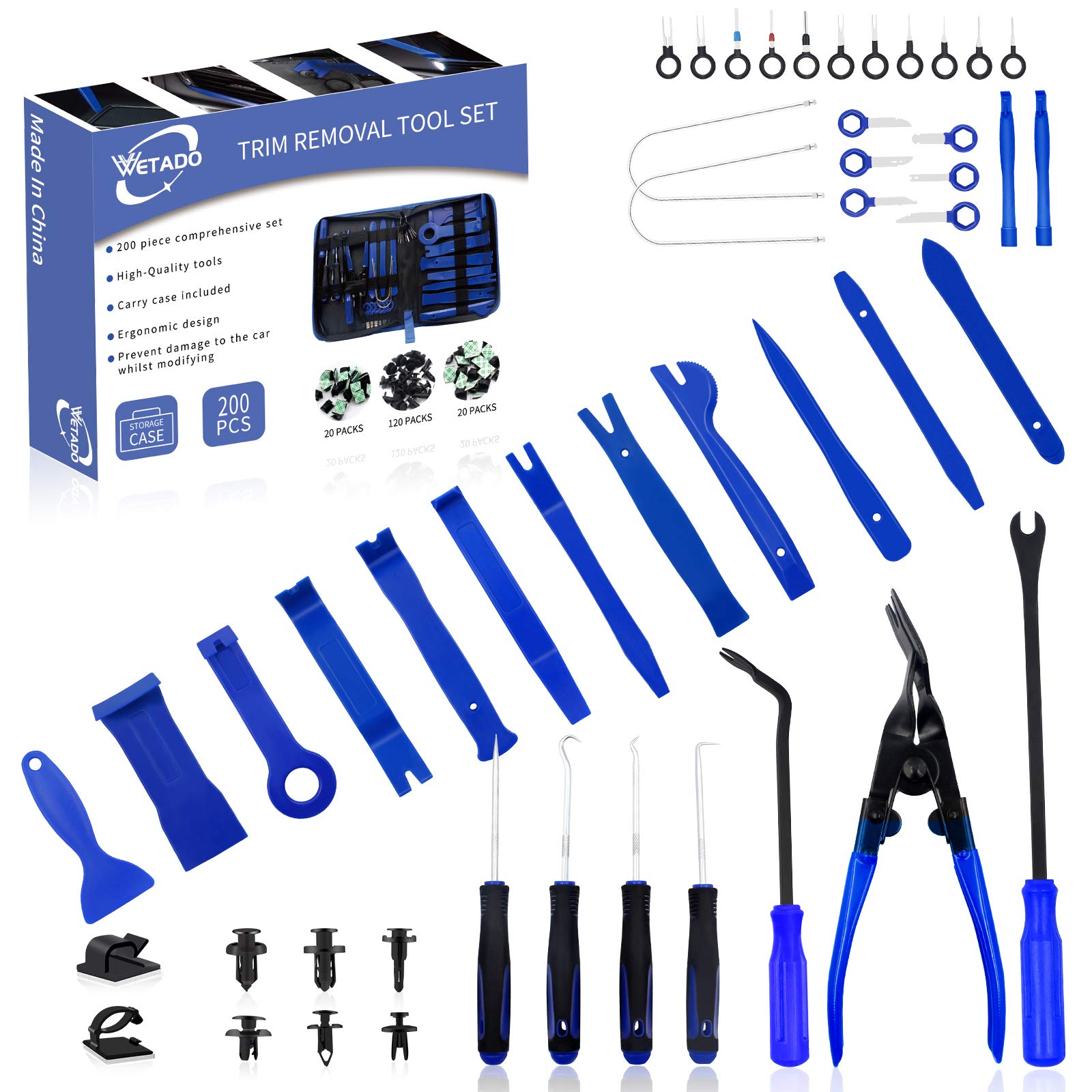 Wetado Trim Removal Tool, 200PCS Trim Tool Auto Removal Kit, Plastic Panel Fastener Removal Tool, Trim Removal Kit for Car/Trim/Panel/Door/Audio/Auto Clip Pliers/Terminal Removal Tool Kit (Blue)