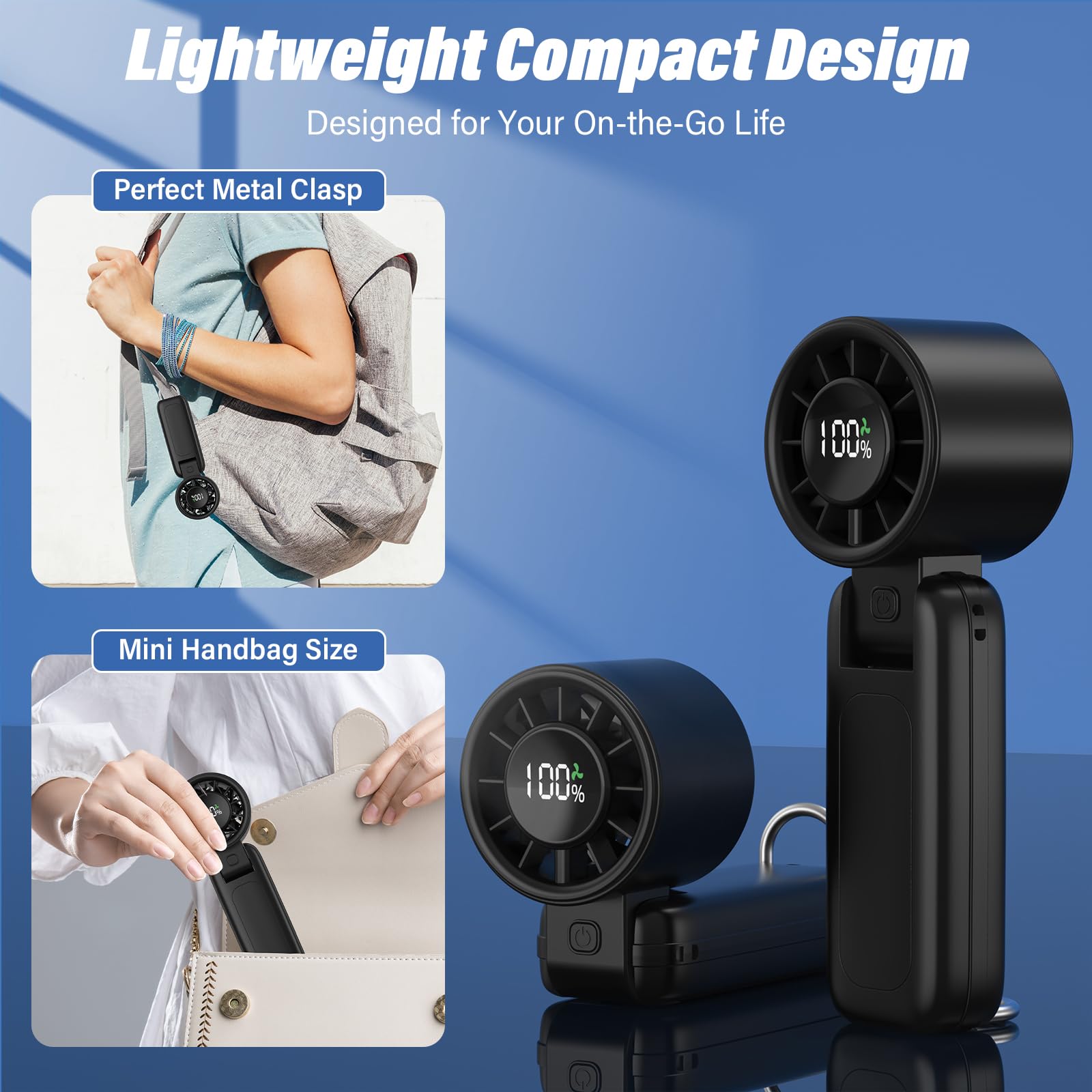 Eoboya Handheld Portable Fan, 100-Speed Adjustable,5000mAh,USB Rechargeable,7-Blade High-Speed Cooling, LED Display, 3-in-1 Foldable Desktop & Handheld & Neck,for Outdoor/Travelling/Home/Office(Black)