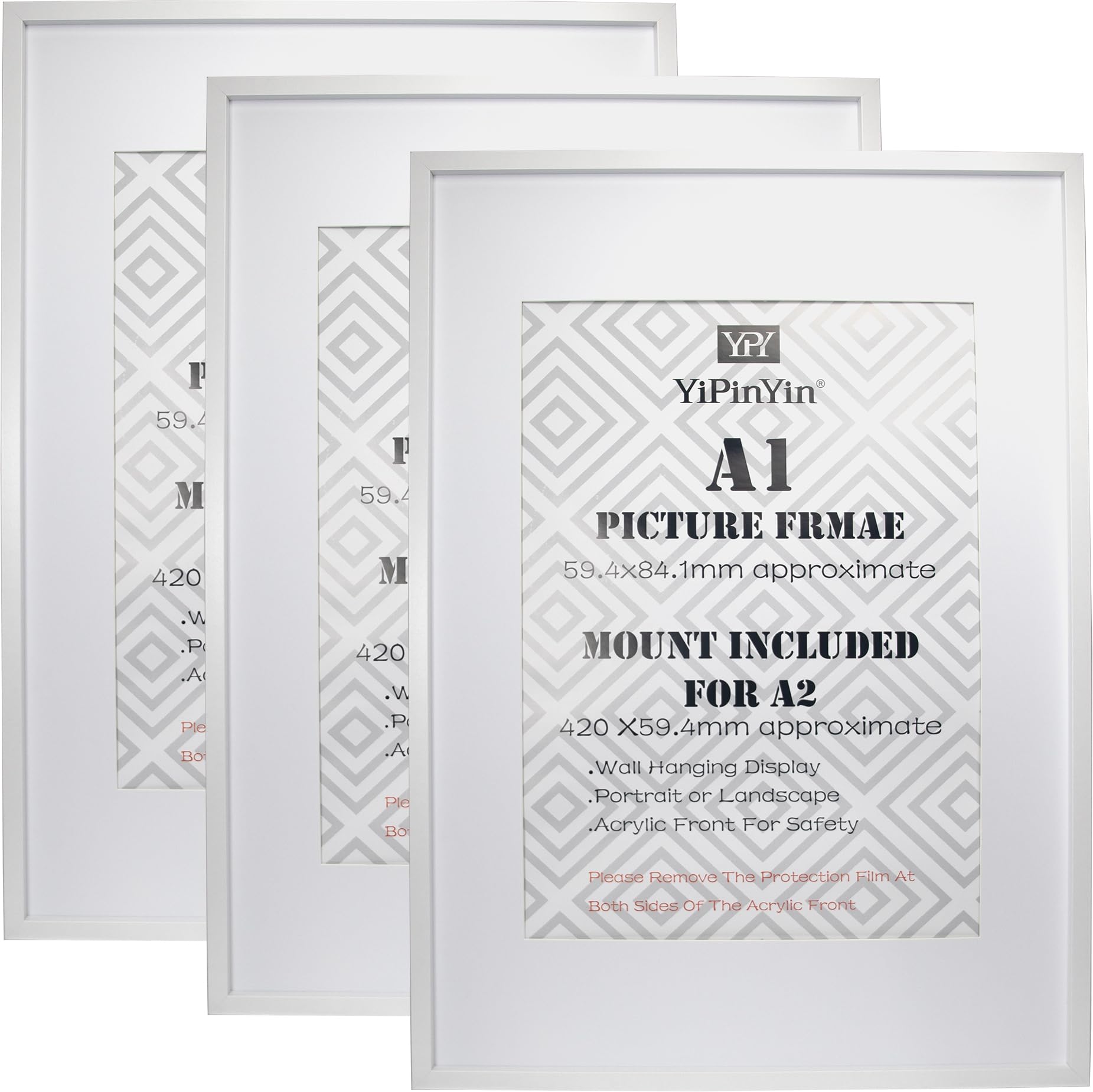 Black 50x70cm Boxed Picture Frames Set of 3 with Mounts for 40x60cm, 70x50cm poster frame with Acid Free mount for 40x60cm photo (Black 3Pack)