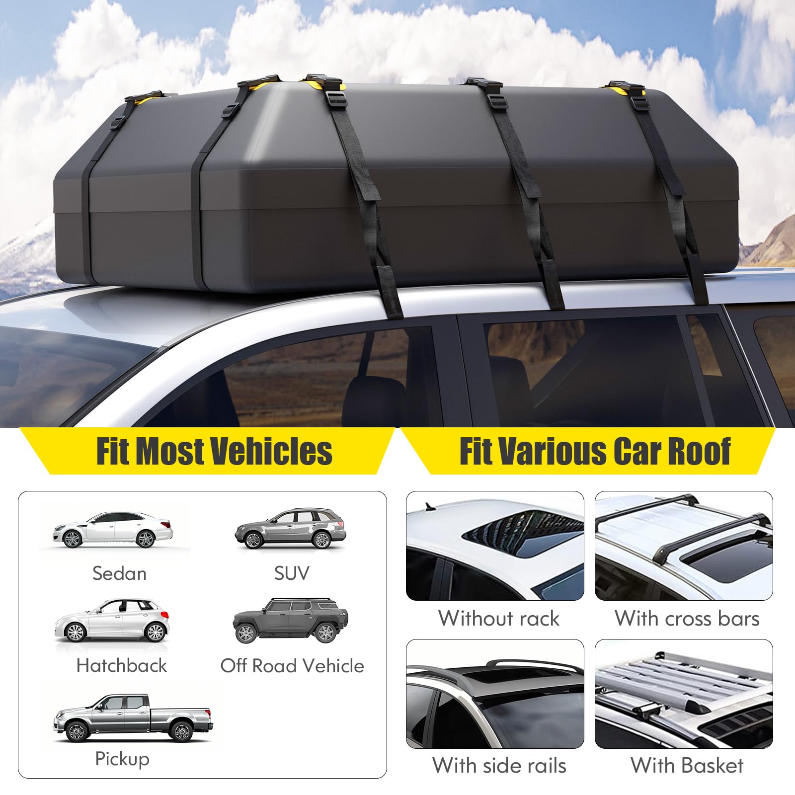 COSTWAY 15/21 Cubic Feet Car Roof Bag, 100% Waterproof Roofing Cargo Carrier with Anti-Slip Mat, Combination Lock & Straps, Rooftop Luggage Storage Box (Black, 21 Cubic Ft/600L)