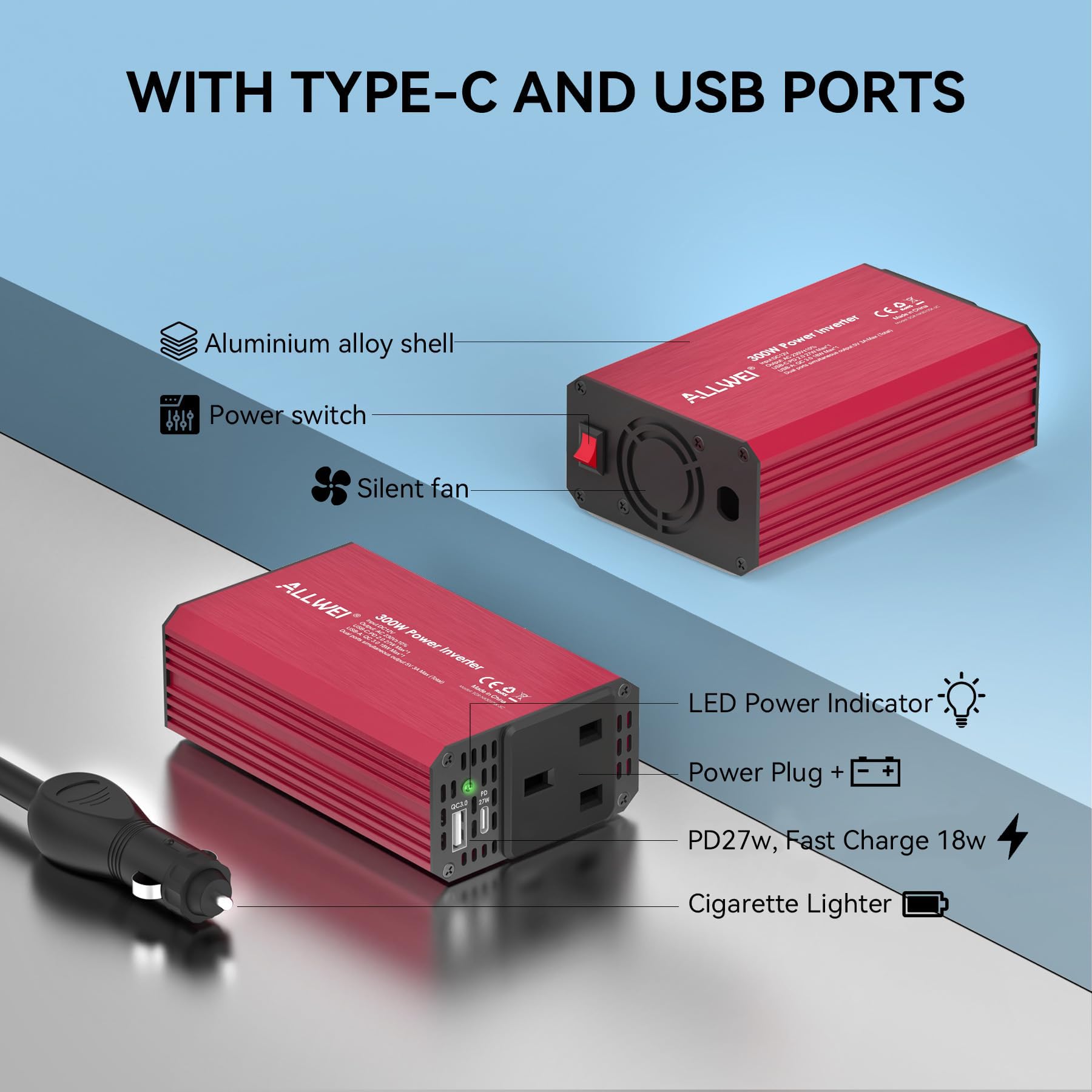 ALLWEI 300W Car Power Inverter with 27W USB-C and 3.0 USB Port - DC 12V to 240V / 230V AC Power inverters for Vehicles Converter Fast Charging Ports Car Charger Adapter (Red)